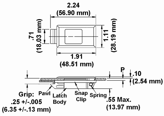 Push-to-Lock Slide Latch Dimension Drawing